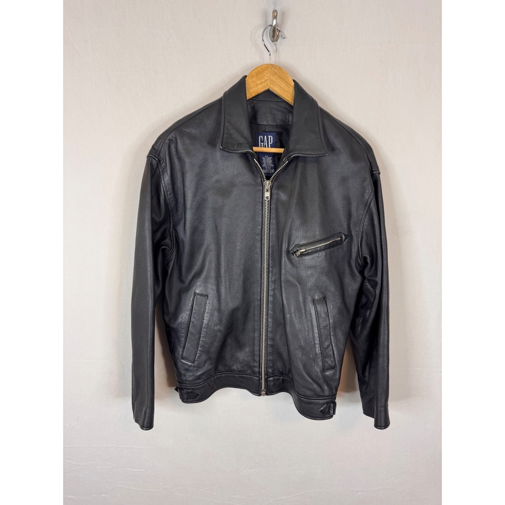 Gap Vintage Women Black Real Leather Bomber Jacket Full Zip Small Cafe Racer 90s